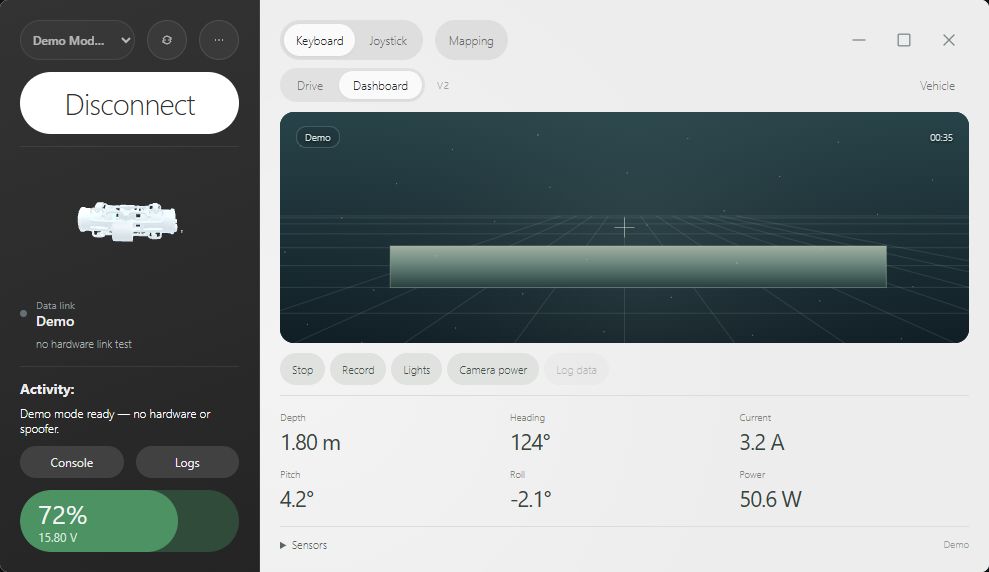 SUB Control V2 interface in Demo mode